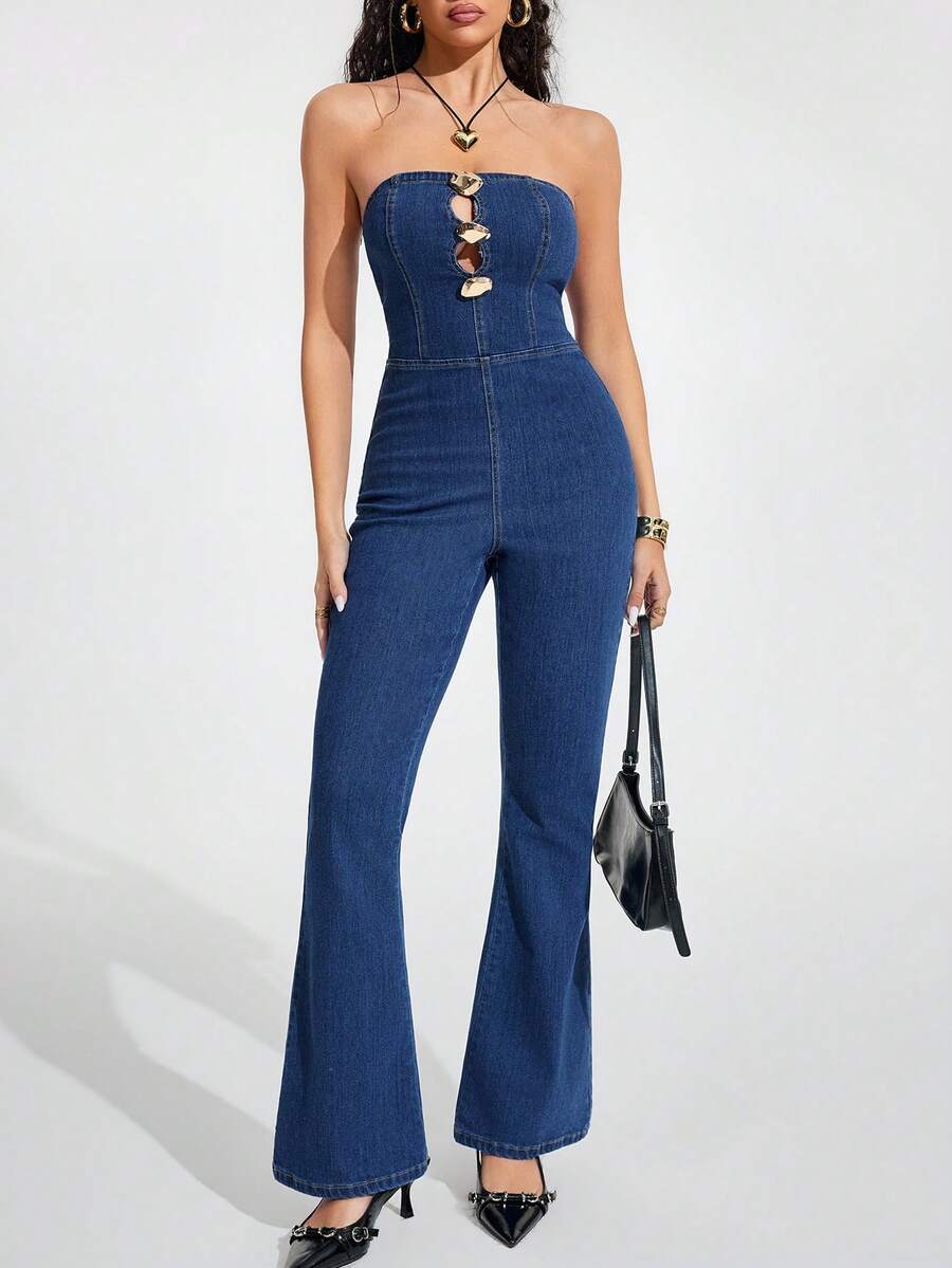 Jeanoix 前开衩牛仔连体裤 - 藍色 - 查看 1