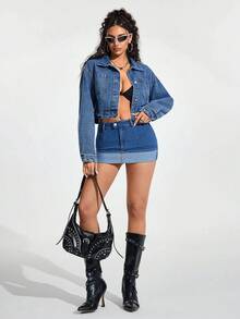 Jeanoix Women's Casual Washed Cropped Denim Jacket - Blue - View 6