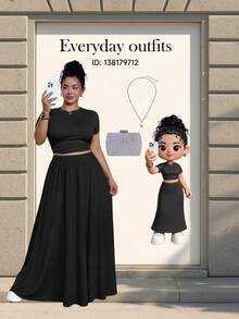 Dripcurv 2 件大码套装：休闲弹力短袖上衣和长款修身裙，灰色 - 黑色 - 查看 7