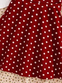 SHEIN Tween Girl Solid Color Round Neck Short Sleeve Top And Polka Dot Camisole Dress Casual Daily Outfit Set - Red and White - View 6