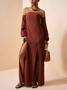 Zivah 2026春夏新品音乐节、复活节、圣帕特里克节、情人节、约会、西部风、游牧风、生日派对、毕业典礼、学院风、学生装、日常休闲、百搭基础款、休闲、度假、邮轮旅行、海滩、日光浴、爆款、街头风、婚礼宾客波西米亚风、通勤、早午餐、机场、派对、假日郊游、办公装、宽松无肩带长袖可拆卸两穿长款亚麻纹理棕色连衣裙 - 棕色 - 查看 7