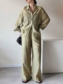 FRIFUL 女士舒适休闲衬衫和阔腿裤两件套 - 綠色 - 查看 1