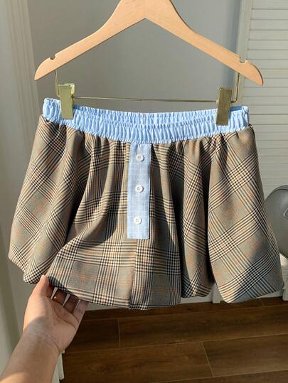 Comfortcana 女士休闲通勤学院风撞色弹力腰格纹印花泡泡裙，夏季