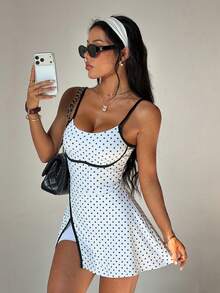 CourtClass 女士春夏高尔夫连衣裙，无袖波点印花撞色滚边开衩半身裙，搭配带口袋的同款短裤，适合休闲、跑步、瑜伽、健身、网球、高尔夫等场合。