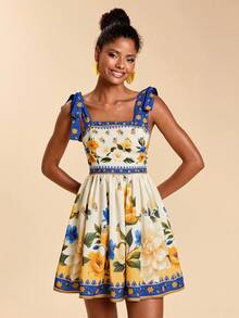 Travachic 女士印花系带露肩收腰度假连衣裙，夏季 - 藍色 - 查看 6