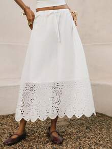 Poéselle Women's Casual White Long Flared Skirt With Scallop Eyelet And Plant Pattern Detail In Woven Fabric - White - View 5