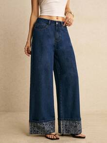 Poéselle 女士口袋宽松阔腿休闲百搭牛仔裤，低腰宽松版型，卷边裤脚，深蓝色印花面料。适合春夏、情人节、生日等场合，Y2K风格。 - 深色水洗藍 - 查看 4