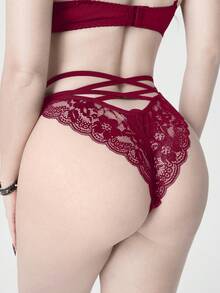 ROMWE J-Fashion Y2K Sexy Hollow-Out Criss-Cross Lace Women's Thong Panties, For Valentine's Day - Burgundy - View 1