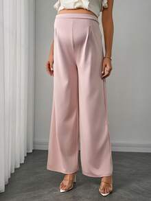 SHEIN 女士复古优雅粉色褶裥阔腿可调节腰长裤，孕妇裤，春秋季 - 藕粉色 - 查看 6