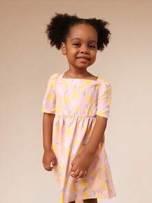 SUMWON 女童荷叶袖柠檬印花粉色连衣裙，方领设计，夏季休闲A字及膝连衣裙，适合节日场合穿着 - 粉色 - 查看 3