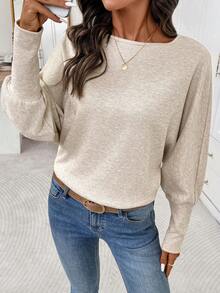 Editum 女士优雅圆领杏色柔和色长袖T恤，适合日常穿着和多种场合，秋冬季 - 卡其色 - 查看 4