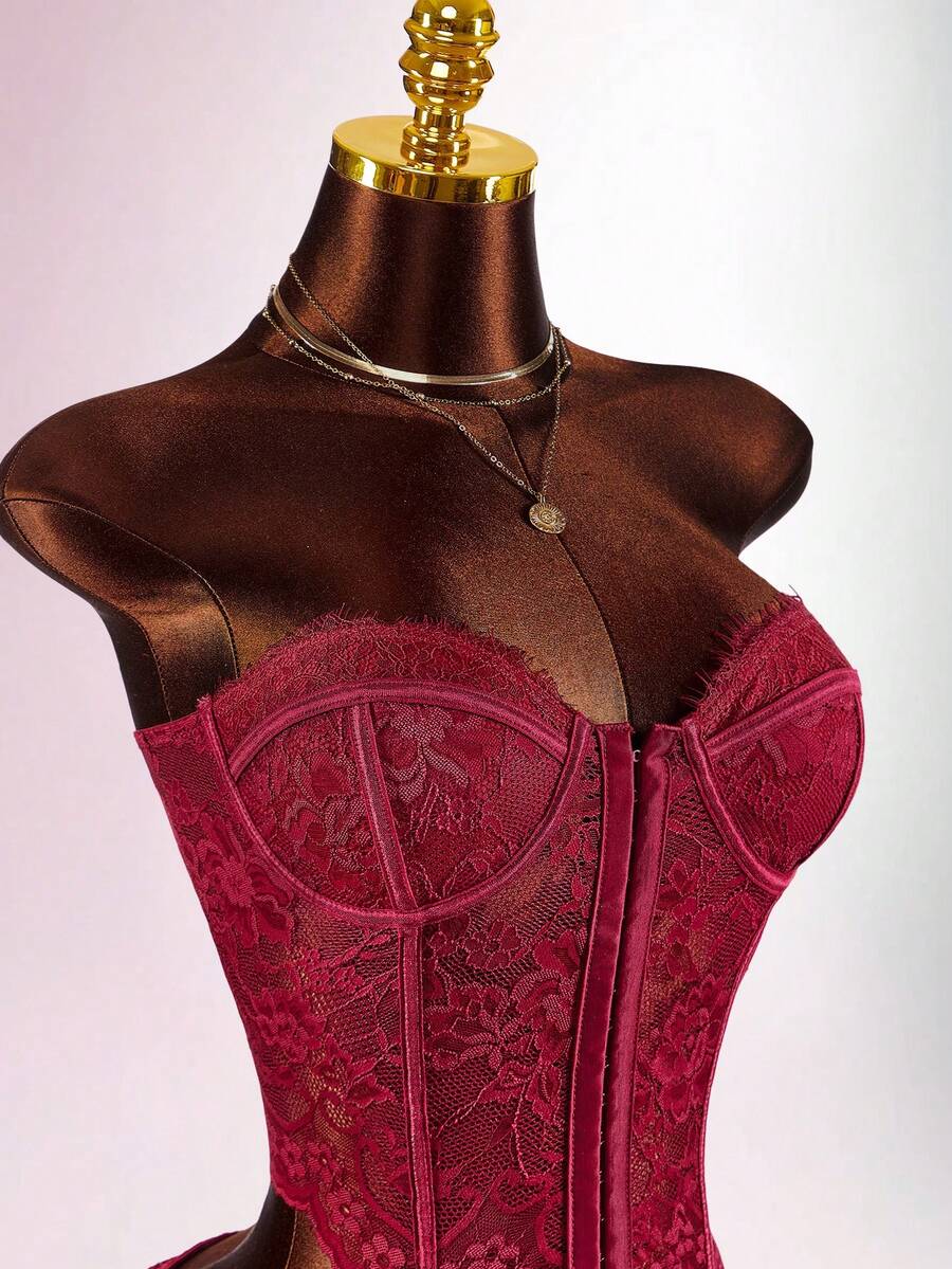 Amplova Women's Fishbone Lace 2-Piece Sexy Crop Top And Mini Skirt Set, Fashionable Outfit Suitable For Valentine's Day Date, Revealing Bandeau Top - Burgundy - View 1