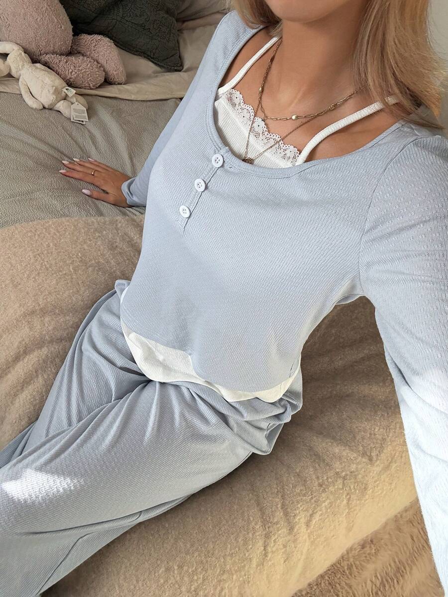 DAZY 春季撞色针织二合一女士家居服套装 - 藍色 - 查看 1