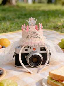 1Set Princess Pink Crown Headband With Cute 3D Veil And Fairy Mesh Hair Accessories, Suitable For Birthdays, Parties, Get-Togethers, Character Dress Up - Beige - View 5