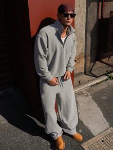 DAZY 男士纯灰色褶皱长裤及套头卫衣套装，春季款 - 灰色 - 查看 6