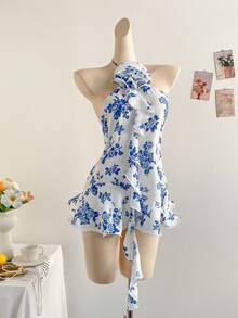 Soleia Áo kiểu Bohemian Boho cổ yếm hở lưng in hoa lãng mạn, xếp ly, thích hợp cho nữ, mùa xuân/hè. - Màu xanh lam - Xem 4