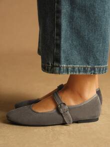 Rosivie 复古搭扣装饰平底鞋，百搭优雅，适合春夏穿着，灰色 - 灰色 - 查看 3