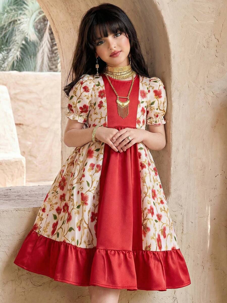 SHEIN 少女撞色印花泡泡袖休闲连衣裙 - 粉色 - 查看 1