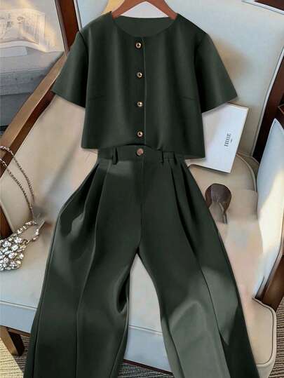 GlowEve CURVE Plus Size Summer Elegant Commuter Solid Color Shirt And Pants 2 Pieces Set