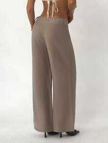 Aloruh Women's Casual Vacation Home Daily Pleated Linen Super Low Waist Loose Wide Leg Pants, Spring/Summer - Khaki - View 2