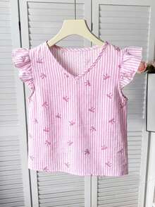 SHEIN Tween Girls' Casual V-Neck Bow Tie Print Cap Sleeve Blouse Summer Outfits - Pink - View 4