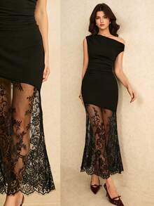 Poéselle 女士蕾丝拼接无袖紧身连衣裙 - 黑色 - 查看 3