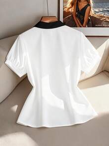 GlowEve CURVE Plus Size Women's Black & White Contrast Pleated Elegant Blouse, Suitable For Commuting And Business Wear - Black and White - View 2