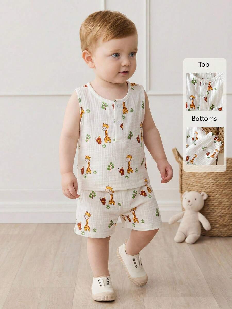 SHEIN 2件套男婴圆领纽扣短袖上衣和鹿纹短裤套装，可爱休闲春夏装