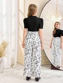 SHEIN 少女优雅度假高领串珠泡泡袖印花系带连体裤 - 黑色 - 查看 5