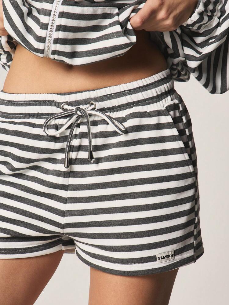 Missguided x Playboy Striped Oversized Zip Hoodie And Matching Shorts Two Piece Lounge Set With Centre Pocket