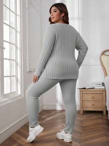 EURMUSE Plus Size Comfortable Knit Ribbed 2 Pieces Set - Light Grey - View 2