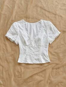 Soleia White Floral Summer Cottage Core V-Neck Textured Jacquard Woven Blouse,Floral Picnic Boho Blouse For Party,Date,Beach,Vacation No Chest Padding - White - View 3