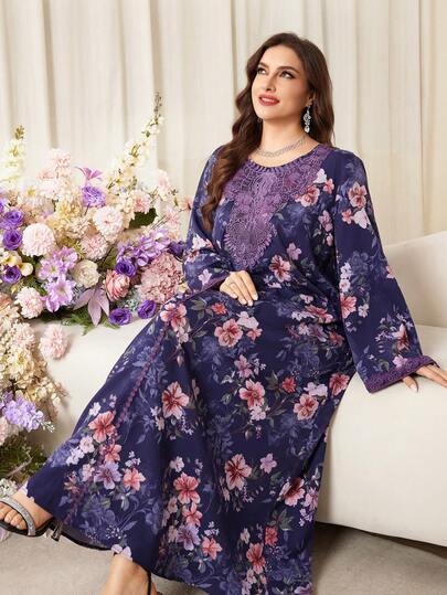 Al Najma Casual Floral Print Fabric Lace Trim Regular Long Sleeve Plus Size Women Turkish Kaftan & Arabic Traditional Maxi Dress, Suitable For All Occasions In Spring And Summer