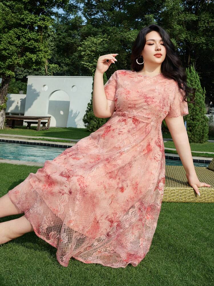 Dazy Plus Valentine Plus Size Women Lace Waist Cinched Midi Dress, Elegant Short Sleeve Round Neck Dress For Dates Sundress Floral Dresses For Women
