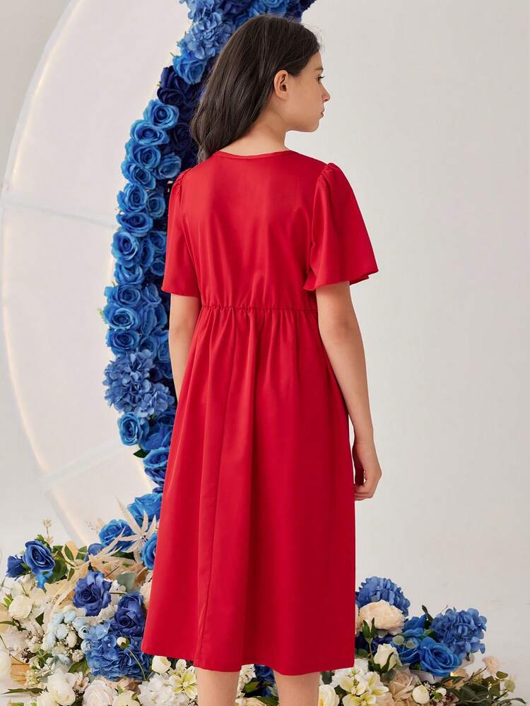 Tween Girls' Geometric Pattern V-Neck Short Sleeve A-Line Dress With Flared Hem