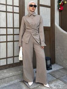 DAZY 女士休闲条纹交叉系带衬衫和阔腿裤两件套，春夏款 - 灰色 - 查看 4