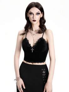 Breakform Women's Fashion Gothic Style Solid Color Lace Trim Metal Cross Decor Adjustable Strap Cropped Camisole Top - Black - View 5