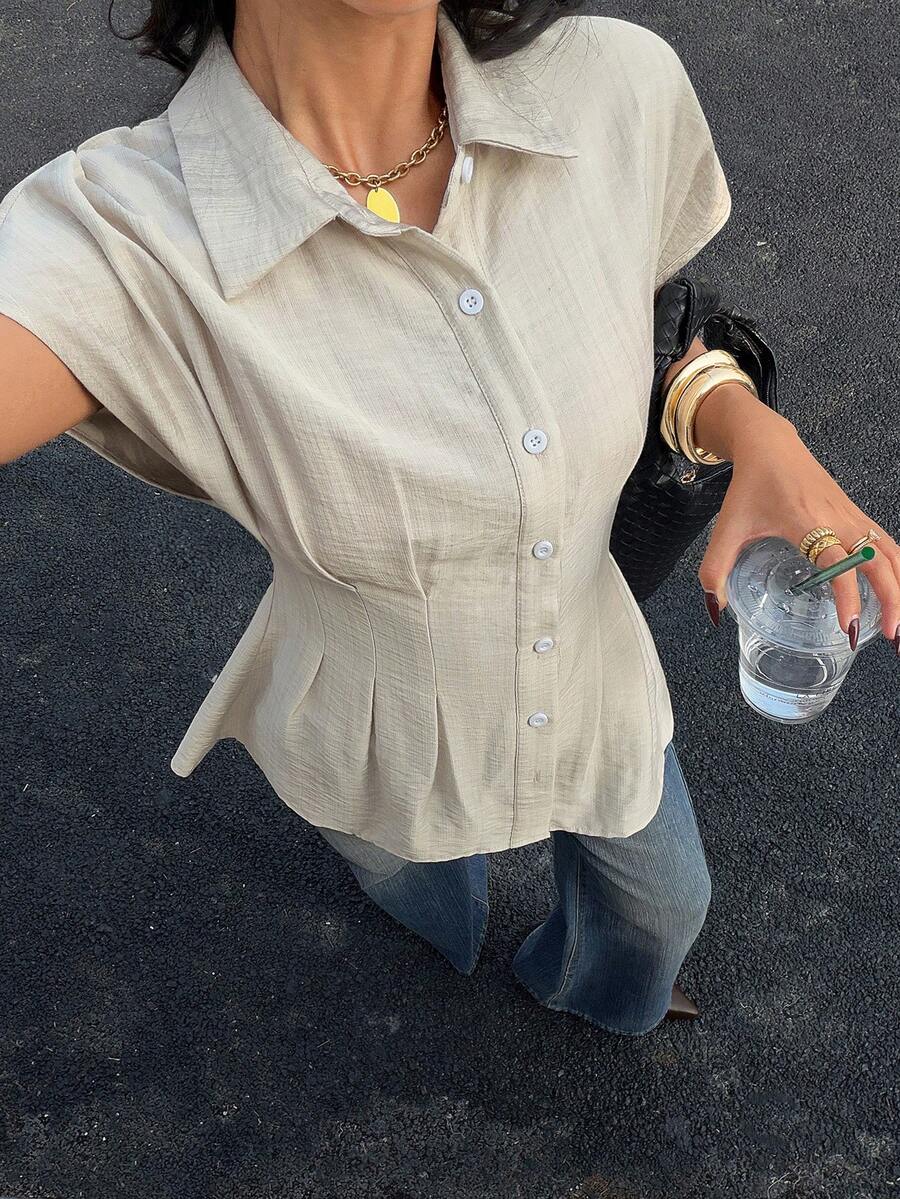 Siren Gaze 新款亚麻纯色纽扣前开襟休闲短袖衬衫，女士款 - 杏色 - 查看 1