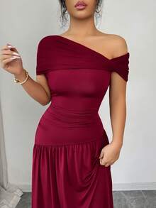 Rafferiza 不对称领口褶皱长款连衣裙 - 酒紅色 - 查看 4