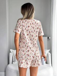 EURMUSE 女款純棉碎花圓領短袖上衣與短褲舒適睡衣套裝 - 彩色 - 查看 2