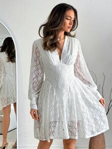 EURMUSE White Long Sleeve Lace Short Dress With Deep V-Neck And Cuffed Sleeves - White - View 5
