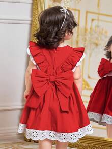 Baby Mädchen Lässig Urlaubs Elegantes besticktes Spitzenbesatz V-Ausschnitt Rüschenärmel tailliertes ausgestelltes Webkleid, Rot