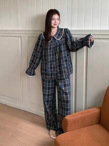Dazy Plus 加大码女式格子彼得潘领喇叭袖上衣和裤子圣诞新年睡衣套装，红色，春秋季 - 藏蓝色 - 查看 4