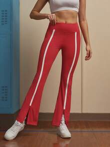 Cheerettes Quần legging nữ phối màu tương phản, cạp chun, xẻ tà, ống loe. - Đỏ và trắng - Xem 4