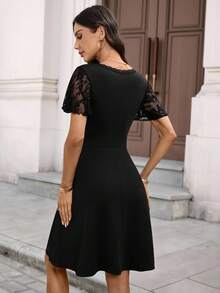 EMERY ROSE Women's Plain Black Short Dress With Flared Hem V Neck And Short Lace Sleeves - Black - View 2
