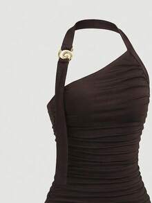 SHEIN Girlism Tween Girls Party Wear New Spiral Gold Decor Design Waist Cinching Flared Skirt Mini Dress, Party Mini Dress, Back To School Party Dress Strap Party Dress Cute Dress Brown Dress Ruched Dress Teen Girl Dress One Shoulder Dress - Coffee - View 5