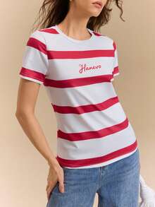 Hanevo 春夏新款休闲时尚优雅学院风运动跑步街头度假字母条纹印花短袖针织女式T恤 - 紅白色 - 查看 6