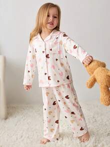 Maija Kids 两件套女童爱心图案针织柔软圆领短袖上衣和松紧腰裤套装 - 彩色 - 查看 5