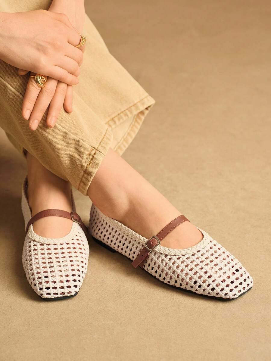 Rosivie 优雅镂空平底女鞋，时尚舒适，法式方头设计，尽显优雅气质 - 米色 - 查看 1