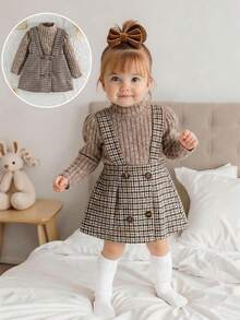 SHEIN 2件套女婴保暖可爱磨毛罗纹高领连体衣和格子背带A字裙套装，适合外出、度假、聚会和各种场合。 - 棕色 - 查看 3